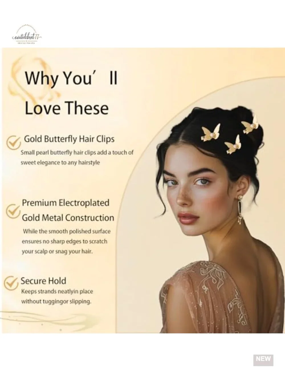3PCS Gold Butterfly Hair Clips for Women 1.7x1inch Mini Pearl Clip Nonslip Bangs